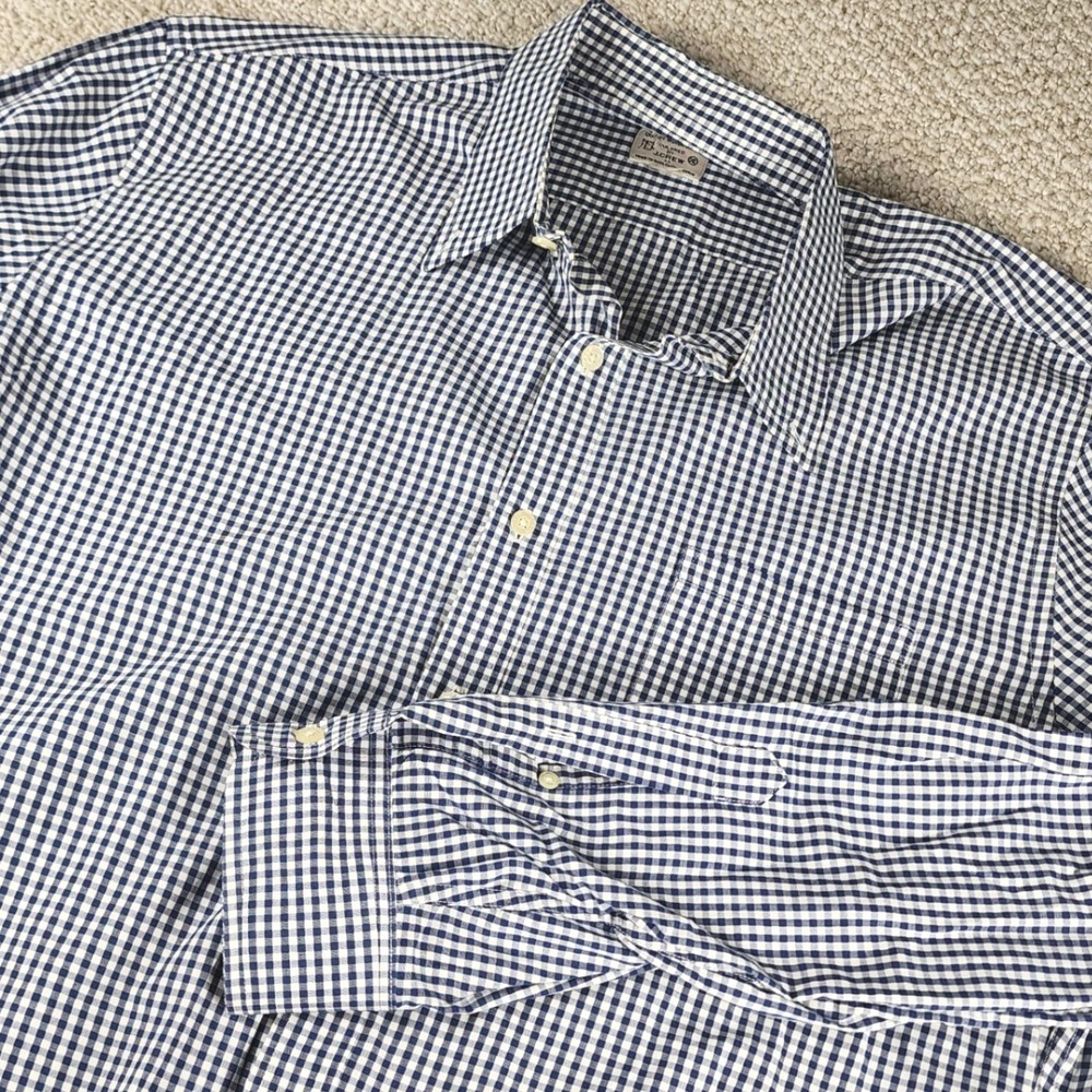 J.Crew Button Down Shirt XL Gingham Cotton Regular Fit Navy Blue White LS